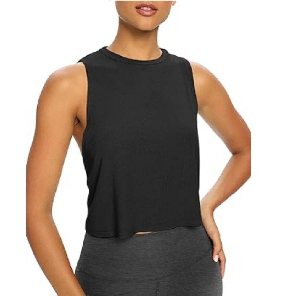 Bestisn Open Back Workout Cropped Loose Fit Ribbed Athletic Top Black